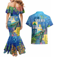 Aruba Sea Turtle Couples Matching Mermaid Dress and Hawaiian Shirt Underwater Landscape - Wonder Print Shop