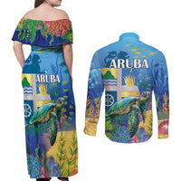 Aruba Sea Turtle Couples Matching Off Shoulder Maxi Dress and Long Sleeve Button Shirt Underwater Landscape - Wonder Print Shop