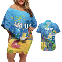 Aruba Sea Turtle Couples Matching Off Shoulder Short Dress and Hawaiian Shirt Underwater Landscape - Wonder Print Shop