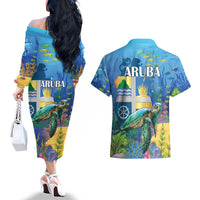 Aruba Sea Turtle Couples Matching Off The Shoulder Long Sleeve Dress and Hawaiian Shirt Underwater Landscape - Wonder Print Shop