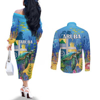 Aruba Sea Turtle Couples Matching Off The Shoulder Long Sleeve Dress and Long Sleeve Button Shirt Underwater Landscape
