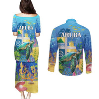 Aruba Sea Turtle Couples Matching Puletasi and Long Sleeve Button Shirt Underwater Landscape - Wonder Print Shop