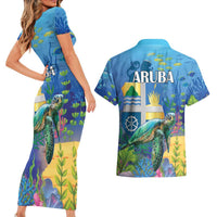 Aruba Sea Turtle Couples Matching Short Sleeve Bodycon Dress and Hawaiian Shirt Underwater Landscape - Wonder Print Shop
