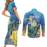 Aruba Sea Turtle Couples Matching Short Sleeve Bodycon Dress and Long Sleeve Button Shirt Underwater Landscape - Wonder Print Shop