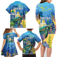 Aruba Sea Turtle Family Matching Long Sleeve Bodycon Dress and Hawaiian Shirt Underwater Landscape - Wonder Print Shop