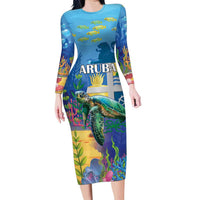 Aruba Sea Turtle Family Matching Long Sleeve Bodycon Dress and Hawaiian Shirt Underwater Landscape - Wonder Print Shop