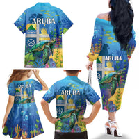 Aruba Sea Turtle Family Matching Off The Shoulder Long Sleeve Dress and Hawaiian Shirt Underwater Landscape - Wonder Print Shop