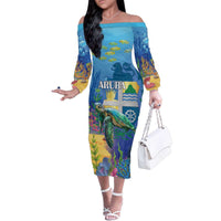 Aruba Sea Turtle Family Matching Off The Shoulder Long Sleeve Dress and Hawaiian Shirt Underwater Landscape - Wonder Print Shop