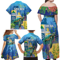 Aruba Sea Turtle Family Matching Off Shoulder Maxi Dress and Hawaiian Shirt Underwater Landscape - Wonder Print Shop