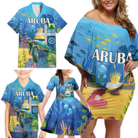 Aruba Sea Turtle Family Matching Off Shoulder Short Dress and Hawaiian Shirt Underwater Landscape - Wonder Print Shop