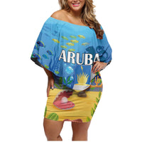 Aruba Sea Turtle Family Matching Off Shoulder Short Dress and Hawaiian Shirt Underwater Landscape - Wonder Print Shop
