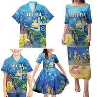 Aruba Sea Turtle Family Matching Puletasi and Hawaiian Shirt Underwater Landscape - Wonder Print Shop