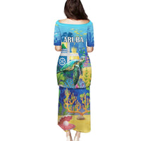 Aruba Sea Turtle Family Matching Puletasi and Hawaiian Shirt Underwater Landscape - Wonder Print Shop