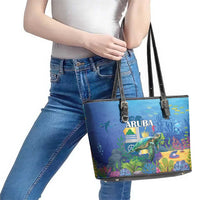 Aruba Sea Turtle Leather Tote Bag Underwater Landscape - Wonder Print Shop