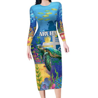 Aruba Sea Turtle Long Sleeve Bodycon Dress Underwater Landscape - Wonder Print Shop