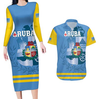 Custom Aruba Coat Of Arms Couples Matching Long Sleeve Bodycon Dress and Hawaiian Shirt With Flag Style - Wonder Print Shop