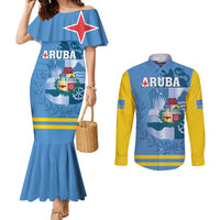 Custom Aruba Coat Of Arms Couples Matching Mermaid Dress and Long Sleeve Button Shirt With Flag Style