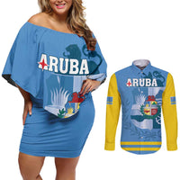 Custom Aruba Coat Of Arms Couples Matching Off Shoulder Short Dress and Long Sleeve Button Shirt With Flag Style - Wonder Print Shop