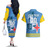 Custom Aruba Coat Of Arms Couples Matching Off The Shoulder Long Sleeve Dress and Hawaiian Shirt With Flag Style - Wonder Print Shop