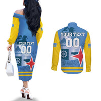 Custom Aruba Coat Of Arms Couples Matching Off The Shoulder Long Sleeve Dress and Long Sleeve Button Shirt With Flag Style