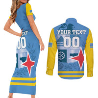 Custom Aruba Coat Of Arms Couples Matching Short Sleeve Bodycon Dress and Long Sleeve Button Shirt With Flag Style - Wonder Print Shop