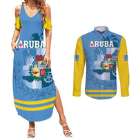 Custom Aruba Coat Of Arms Couples Matching Summer Maxi Dress and Long Sleeve Button Shirt With Flag Style - Wonder Print Shop