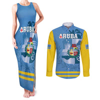 Custom Aruba Coat Of Arms Couples Matching Tank Maxi Dress and Long Sleeve Button Shirt With Flag Style - Wonder Print Shop