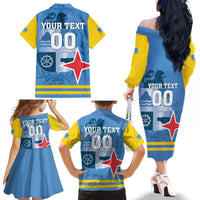 Custom Aruba Coat Of Arms Family Matching Off The Shoulder Long Sleeve Dress and Hawaiian Shirt With Flag Style - Wonder Print Shop