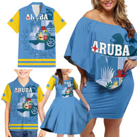 Custom Aruba Coat Of Arms Family Matching Off Shoulder Short Dress and Hawaiian Shirt With Flag Style - Wonder Print Shop