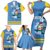 Custom Aruba Coat Of Arms Family Matching Short Sleeve Bodycon Dress and Hawaiian Shirt With Flag Style - Wonder Print Shop