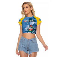 Custom Aruba Coat Of Arms Raglan Cropped T Shirt With Flag Style - Wonder Print Shop