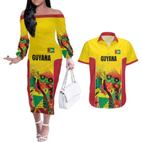 Custom Guyana Football Couples Matching Off The Shoulder Long Sleeve Dress and Hawaiian Shirt Golden Jaguars Spirit - Yellow - Wonder Print Shop