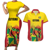 Custom Guyana Football Couples Matching Short Sleeve Bodycon Dress and Hawaiian Shirt Golden Jaguars Spirit - Yellow - Wonder Print Shop