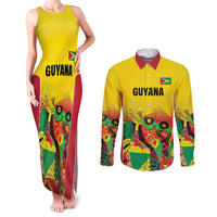 Custom Guyana Football Couples Matching Tank Maxi Dress and Long Sleeve Button Shirt Golden Jaguars Spirit - Yellow - Wonder Print Shop
