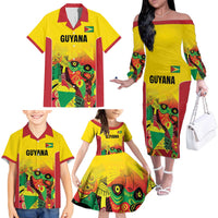 Custom Guyana Football Family Matching Off The Shoulder Long Sleeve Dress and Hawaiian Shirt Golden Jaguars Spirit - Yellow - Wonder Print Shop