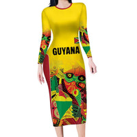 Custom Guyana Football Long Sleeve Bodycon Dress Golden Jaguars Spirit - Yellow - Wonder Print Shop