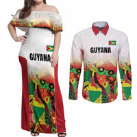Custom Guyana Football Couples Matching Off Shoulder Maxi Dress and Long Sleeve Button Shirt Golden Jaguars Spirit - White - Wonder Print Shop