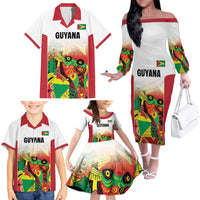 Custom Guyana Football Family Matching Off The Shoulder Long Sleeve Dress and Hawaiian Shirt Golden Jaguars Spirit - White - Wonder Print Shop