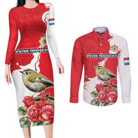 Personalized Luxembourg Goldcrest Regulus Couples Matching Long Sleeve Bodycon Dress and Long Sleeve Button Shirt Red Roses - Wonder Print Shop