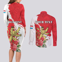 Personalized Luxembourg Goldcrest Regulus Couples Matching Long Sleeve Bodycon Dress and Long Sleeve Button Shirt Red Roses - Wonder Print Shop