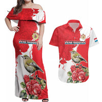 Personalized Luxembourg Goldcrest Regulus Couples Matching Off Shoulder Maxi Dress and Hawaiian Shirt Red Roses - Wonder Print Shop