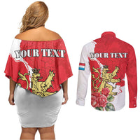 Personalized Luxembourg Goldcrest Regulus Couples Matching Off Shoulder Short Dress and Long Sleeve Button Shirt Red Roses - Wonder Print Shop