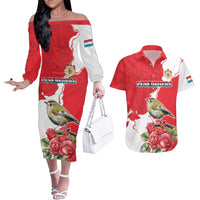 Personalized Luxembourg Goldcrest Regulus Couples Matching Off The Shoulder Long Sleeve Dress and Hawaiian Shirt Red Roses - Wonder Print Shop