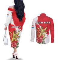 Personalized Luxembourg Goldcrest Regulus Couples Matching Off The Shoulder Long Sleeve Dress and Long Sleeve Button Shirt Red Roses