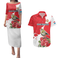 Personalized Luxembourg Goldcrest Regulus Couples Matching Puletasi and Hawaiian Shirt Red Roses - Wonder Print Shop