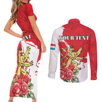 Personalized Luxembourg Goldcrest Regulus Couples Matching Short Sleeve Bodycon Dress and Long Sleeve Button Shirt Red Roses - Wonder Print Shop