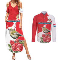Personalized Luxembourg Goldcrest Regulus Couples Matching Summer Maxi Dress and Long Sleeve Button Shirt Red Roses - Wonder Print Shop