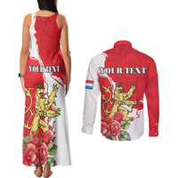 Personalized Luxembourg Goldcrest Regulus Couples Matching Tank Maxi Dress and Long Sleeve Button Shirt Red Roses - Wonder Print Shop