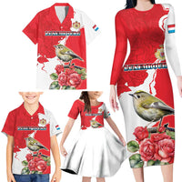 Personalized Luxembourg Goldcrest Regulus Family Matching Long Sleeve Bodycon Dress and Hawaiian Shirt Red Roses - Wonder Print Shop
