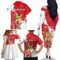 Personalized Luxembourg Goldcrest Regulus Family Matching Off The Shoulder Long Sleeve Dress and Hawaiian Shirt Red Roses - Wonder Print Shop